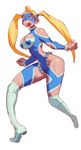  blonde_hair blue_leotard boots fl_(l-fl) leotard open_mouth rainbow_mika solo street_fighter twintails wrestling_mask wrestling_outfit 