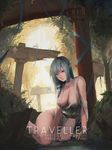  barefoot belt blue_eyes blue_hair breasts bunny cleavage covered_nipples highres kneeling large_breasts long_hair nature no_panties original pandea_work pelvic_curtain pointy_ears revealing_clothes smile solo torii 