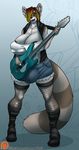  2016 anthro areola big_breasts breasts bulge cleavage clothed clothing dickgirl ear_piercing guitar huge_breasts intersex looking_at_viewer mammal musical_instrument piercing red_panda smile solo veyll 