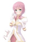  armor armored_dress breasts closed_mouth commentary estellise_sidos_heurassein eyebrows eyebrows_visible_through_hair gloves green_eyes hand_in_hair highres honorikiti looking_at_viewer medium_breasts pink_hair short_hair simple_background solo tales_of_(series) tales_of_vesperia white_background white_gloves 