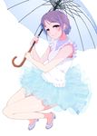  bare_legs blush bra bra_peek bra_strap braid frills hi_iro highres layered_skirt looking_at_viewer original purple_bra purple_eyes purple_hair shirt sleeveless sleeveless_shirt smile solo umbrella underwear 