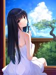  bangs bare_shoulders black_hair blush brown_eyes bush cloud commentary_request day dress fence from_behind halterneck head_tilt holding itou_nanami lens_flare long_hair looking_at_viewer looking_back original parted_lips ramune sitting sky solo summer sundress tree very_long_hair white_dress wooden_fence 