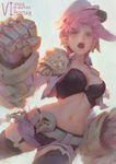  belt black_legwear breasts cleavage earrings gauntlets hat jewelry krenz large_breasts league_of_legends midriff navel open_mouth pink_hair short_hair shorts solo teeth thighhighs vi_(league_of_legends) 