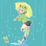  animal_hood boots frog frog_hood garters green_eyes honegai hood hotarumaru male_focus open_mouth puddle raincoat rubber_boots shorts silver_hair smile sock_garters solo sparkle touken_ranbu umbrella yellow_umbrella 