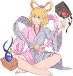  barefoot blonde_hair closed_mouth full_body hagoromo hair_ornament hair_rings index_finger_raised indian_style japanese_clothes kanpukuguu_otohime kimono long_sleeves looking_at_viewer marine_benefit mefomefo orb shawl sitting smile solo white_background wide_sleeves yellow_eyes 
