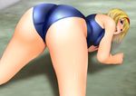  1girl alice_margatroid all_fours ass bare_arms bare_legs bare_shoulders blonde_hair blue_eyes blue_swimsuit blush breast_press breasts eyebrows eyebrows_visible_through_hair from_behind hairband highres large_breasts legs looking_back open_mouth short_hair sleeveless smile solo sweat swimsuit thighs touhou yadokari_genpachirou 