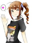  bad_id bad_pixiv_id brown_hair drill_hair heart idolmaster idolmaster_million_live! looking_at_viewer one_eye_closed shirt smile solo spoken_heart t-shirt wataro_(watawatawatapon) yokoyama_nao 