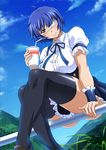  black_legwear blue_hair breasts cloud day eyepatch from_below green_eyes holding ikkitousen large_breasts looking_at_viewer mole mole_under_mouth outdoors ryomou_shimei short_hair sitting sky smile solo thighhighs 