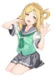  :d banned_artist blonde_hair blush braid collarbone eyebrows eyebrows_visible_through_hair green_skirt grey_skirt hair_rings hand_in_hair long_hair love_live! love_live!_sunshine!! ohara_mari ok_sign open_mouth paseri pleated_skirt school_uniform serafuku short_sleeves simple_background sitting skirt smile solo uranohoshi_school_uniform wariza white_background yellow_eyes 