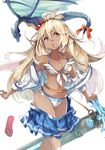  :o ahoge bangs bare_shoulders belt bikini blonde_hair blue_skirt bow breasts cleavage collarbone dark_skin dragon flower front-tie_bikini front-tie_top granblue_fantasy hair_between_eyes hair_flower hair_ornament hibiscus long_hair long_sleeves looking_to_the_side medium_breasts miniskirt off_shoulder open_clothes open_mouth open_shirt pink_eyes pleated_skirt sandals sheath sheathed shirt side-tie_bikini simple_background skirt solo sone_(takahiro-osone) swimsuit sword tail tail_bow weapon white_background white_bikini white_shirt zooey_(granblue_fantasy) 