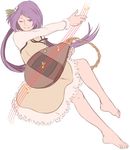  barefoot biwa_lute brown_dress chain dress eighth_note feet full_body hair_ornament instrument leaf_hair_ornament long_hair low_twintails lute_(instrument) mefomefo musical_note one_eye_closed purple_eyes purple_hair simple_background smile solo touhou tsukumo_benben twintails white_background 