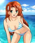  1girl aqua_eyes beach bikini blue_sky blush breasts cameltoe cliana_rimskaya collarbone feather hair_ornament highres long_hair looking_at_viewer ocean open_mouth orange_hair shiguko smile solo striped striped_bikini striped_swimsuit super_robot_wars super_robot_wars_destiny super_robot_wars_original_generation swimsuit the_2nd_super_robot_wars_og water 