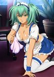  blue_skirt breasts cleavage collarbone green_eyes green_hair handkerchief ikkitousen kneeling large_breasts maid_headdress ryofu_housen short_twintails skirt solo thighhighs twintails white_legwear 