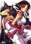  ainu_clothes animal blush brown_hair dagger fingerless_gloves gloves hairband ichigai_(hayawossan) murasaki_nakoruru nakoruru one_eye_closed red_eyes reverse_grip samurai_spirits scar scar_across_eye shikuru short_hair solo weapon wolf 