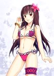  bad_id bad_pixiv_id bangle bikini bracelet breasts fate/grand_order fate_(series) flower hair_flower hair_ornament hibiscus jewelry large_breasts long_hair looking_at_viewer midriff mugipot navel purple_hair red_eyes scathach_(fate)_(all) scathach_(swimsuit_assassin)_(fate) solo swimsuit 