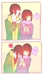  1boy 1girl ? artist_name bangs blunt_bangs brown_hair chara_(undertale) closed_eyes coat couple cup dayuh drinking drinking_straw eyelashes frisk_(undertale) heart heart_necklace hetero jewelry motion_lines necklace older open_mouth parted_lips pointing ponytail scarf short_ponytail spoken_heart turning_head undertale upper_body watermark web_address 