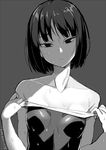  2016 bare_shoulders character_request dated gin_(ginshari) grey_background greyscale looking_at_viewer monochrome off_shoulder one-piece_swimsuit one_eye_closed short_hair simple_background solo swimsuit swimsuit_pull wet wet_clothes wet_hair wet_swimsuit 