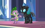 4_fingers anthro blue_eyes changeling dragon duo feral friendship_is_magic green_eyes horn insect_wings inside my_little_pony mysticalpha smile spike_(mlp) standing wings 