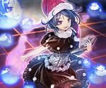  :d blue_hair book capelet doremy_sweet dream_soul dress embellished_costume frilled_dress frills grid hat holding holding_book looking_at_viewer nightcap open_book open_mouth purple_eyes smile solo touhou zounose 