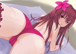  ass bikini breasts chestnut_mouth fate/grand_order fate_(series) flower hair_flower hair_ornament hibiscus highres kesoshirou long_hair looking_back lying medium_breasts on_stomach purple_hair red_eyes scathach_(fate)_(all) scathach_(swimsuit_assassin)_(fate) solo swimsuit topless 