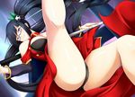  bare_legs black-framed_eyewear black_hair black_panties blazblue breasts fingernails glasses highres kneepits lao_jiu large_breasts litchi_faye_ling long_hair looking_at_viewer panda panties ponytail purple_eyes semi-rimless_eyewear smile solo spread_legs staff underwear yomitrooper 