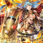  bangs black_panties blue_hair breasts cape chain cleavage company_name copyright_name electricity eyebrows eyebrows_visible_through_hair gauntlets grin hair_ornament hammer holding holding_weapon kaizoku_ookoku_koronbusu large_breasts long_hair looking_at_viewer milcho motion_lines official_art panties shield shoulder_armor smile solo spaulders thighhighs tiara underwear weapon white_legwear yellow_eyes 