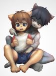  age_difference barefoot cat clothing cub dress_shirt duo embarrassed feline forced front_view grope hand_in_pants looking_down male mammal naughty_face open_mouth pointing ruugiaruu shirt shorts sitting size_difference t-shirt young 