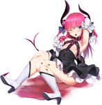  armpits bad_id bad_pixiv_id blue_eyes blush boots breasts detached_sleeves elizabeth_bathory_(fate) elizabeth_bathory_(fate)_(all) fate/extra fate/extra_ccc fate_(series) high_heel_boots high_heels horns long_hair omochi_no_kimochi one_eye_closed pink_hair pointy_ears small_breasts solo underboob 