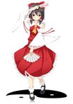  ascot bad_id bad_pixiv_id black_hair bow brown_eyes brown_hair detached_sleeves fan firecharmer folding_fan full_body hair_bow hair_tubes hakurei_reimu mary_janes ofuda red_bow red_shirt red_skirt shirt shoes simple_background skirt skirt_set solo standing touhou white_background wide_sleeves yin_yang 