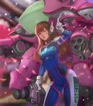  ;) \n/ absurdres artist_name bangs blurry bodysuit breasts brown_eyes brown_hair clothes_writing cowboy_shot d.va_(overwatch) depth_of_field emblem facepaint facial_mark finger_on_trigger gloves gun handgun headphones highres long_hair looking_at_viewer mecha meka_(overwatch) one_eye_closed outdoors overwatch parted_lips petals pilot_suit pistol sherylnome signature small_breasts smile solo swept_bangs weapon whisker_markings white_gloves 