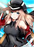 bare_shoulders bismarck_(kantai_collection) blonde_hair blush brown_gloves fire_maxs gloves green_eyes hat kantai_collection long_hair looking_at_viewer military military_uniform peaked_cap smile solo uniform water 