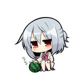  bow bowtie chibi dress food fruit half_updo jacket jitome kishin_sagume long_sleeves open_clothes open_jacket petting purple_dress red_eyes silver_hair single_wing solo squatting touhou translation_request twumi watermelon wings 
