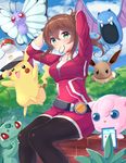  absurdres adjusting_hair bad_revision baseball_cap belt black_legwear blush brown_hair bulbasaur butterfree cellphone choker downscaled_revision eevee female_protagonist_(pokemon_go) gen_1_pokemon golbat green_eyes hat highres hio_(hiohio0306) jigglypuff leggings long_hair looking_at_viewer md5_mismatch mouth_hold phone pikachu poke_ball pokemon pokemon_(creature) pokemon_go ponytail sitting smartphone smile tying_hair 