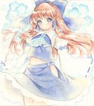  alternate_color ascot blue_eyes blush bow brown_hair flower frills gohei hair_bow hair_tubes hakurei_reimu highres japanese_clothes long_hair midriff miko mugicha_(mugicha0929) solo touhou traditional_media watercolor_(medium) white_sleeves 