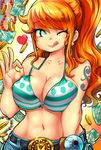  ;q belt belt_buckle bikini_top breasts buckle cleavage coin collarbone denim earrings eyebrows eyebrows_visible_through_hair eyelashes gake_no_ue_no_ponyo green_eyes heart jeans jewelry kenron_toqueen large_breasts licking_lips log_pose looking_at_viewer midriff money money_gesture nami_(one_piece) navel one_eye_closed one_piece orange_hair pants solo striped striped_bikini_top tattoo tongue tongue_out underboob wavy_hair 