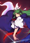  cape commentary eyebrows eyebrows_visible_through_hair ghost_tail green_eyes green_hair hat highly_responsive_to_prayers holding holding_weapon kaiza_(rider000) knife long_hair looking_at_viewer looking_to_the_side mima smile solo touhou touhou_(pc-98) weapon witch_hat wizard_hat 