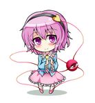  blue_shirt blush chibi full_body hair_between_eyes hair_ornament hairband heart heart_hair_ornament hyoumon_(saihokutan) komeiji_satori looking_at_viewer pink_footwear pink_skirt purple_eyes purple_hair shirt shoes short_hair simple_background skirt smile solo standing third_eye touhou white_background wide_sleeves 