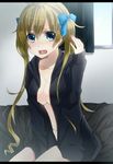  bad_id bad_pixiv_id bed black_jacket blue_eyes bottomless breasts brown_hair cleavage collarbone earrings hair_ribbon heart heart_earrings indoors jacket jewelry keita_(tundereyuina) looking_at_viewer medium_breasts open_clothes open_jacket open_mouth original ribbon sitting solo twintails 