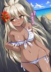  :d against_rock ahoge areola_slip areolae bare_shoulders beach bikini blush breasts covered_nipples dark_skin dutch_angle flower front-tie_top granblue_fantasy hair_between_eyes hair_flower hair_ornament hibiscus long_hair looking_at_viewer marugoshi_(54burger) medium_breasts navel ocean open_mouth orange_eyes rock shiny shiny_skin side-tie_bikini smile solo stomach strap_pull swimsuit thigh_gap translation_request white_bikini zooey_(granblue_fantasy) 