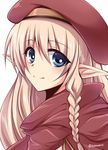  alleyne_(queen's_blade) beret blonde_hair blue_eyes blush braid cape closed_mouth commentary_request elf hat long_hair looking_at_viewer pointy_ears portrait queen's_blade side_braid smile solo tareme tokonaru twitter_username white_background 