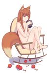  animal_ears apple apple_core barefoot brown_hair chair cup food fruit hair_over_breasts highres holding holo jason_dai long_hair mug nude red_eyes rocking_chair solo spice_and_wolf tail wolf_ears wolf_tail 
