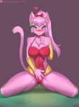  2016 anthro blush camel_toe cat clothing doomthewolf feline female green_eyes hair leotard looking_at_viewer mammal meeya pink_eyes pink_hair smile solo 