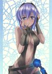  bare_shoulders blush breasts cleavage dark_skin fate/grand_order fate/prototype fate/prototype:_fragments_of_blue_and_silver fate_(series) flower hassan_of_serenity_(fate) looking_at_viewer marker_(medium) medium_breasts navel purple_eyes purple_hair short_hair solo traditional_media yuto_takumi 