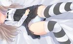  bed black_dress black_legwear blue_panties blush bow bowtie crotch_seam dress dress_lift dress_shirt girls_und_panzer head_out_of_frame light_brown_hair long_hair long_sleeves lying nenosame on_back panties shimada_arisu shirt smile solo striped striped_legwear underwear white_shirt 