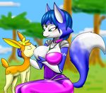  2016 ambiguous_gender belt blue_fur blue_hair blush bodysuit breast_suck breastfeeding breasts canine chameloshi clothing deerling duo eyes_closed female fox fur green_eyes hair hand_on_breast holding_breast jewelry krystal lactating mammal necklace nintendo one_breast_out orange_fur pok&eacute;mon saliva skinsuit smile star_fox sucking tight_clothing tongue video_games white_fur 