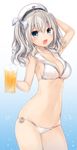  alcohol anchor arm_up beer beer_mug beret bikini blue_eyes blush bow breasts character_name cleavage collarbone cosplay cowboy_shot cup hair_bow hat highres holding holding_cup kantai_collection kashima_(kantai_collection) komeshiro_kasu long_hair looking_at_viewer medium_breasts navel open_mouth sailor_bikini sailor_collar sailor_hat side-tie_bikini silver_hair solo standing striped striped_bow swimsuit twintails white_bikini white_hat z3_max_schultz_(kantai_collection) z3_max_schultz_(kantai_collection)_(cosplay) 