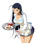  apron black_hair blue_eyes breasts cleavage cup earrings holding ikkitousen jewelry kakouen_myousai large_breasts long_hair looking_at_viewer magatama magatama_earrings simple_background solo teacup white_background 