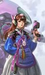  absurdres adapted_costume animal_print arm_cannon bangs bodysuit braid brown_eyes brown_hair bunny_print charm_(object) cowboy_shot crown_braid d.va_(overwatch) eyelashes eyeliner eyeshadow facepaint facial_mark finger_on_trigger fingernails gatling_gun gun hair_ornament hair_stick hanbok hand_up handgun highres holding holding_gun holding_weapon korean_clothes light_smile lips lipstick long_fingernails long_hair looking_at_viewer makeup mascara md5_mismatch mecha meka_(overwatch) nose overwatch parted_lips pauldrons pink_lips pink_lipstick ribbed_bodysuit shaonav shoulder_pads single_braid solo tassel weapon whisker_markings 