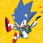  electric_guitar furry gloves guitar instrument jumping no_humans one_eye_closed shoes smile sneakers solo sonic sonic_the_hedgehog tyson_hesse yellow_background 