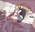  blonde_hair cuddling darjeeling denim denim_shorts girls_und_panzer headboard hug hug_from_behind kay_(girls_und_panzer) long_hair map multiple_girls ree_(re-19) short_hair shorts sleeping spooning tank_top yuri 